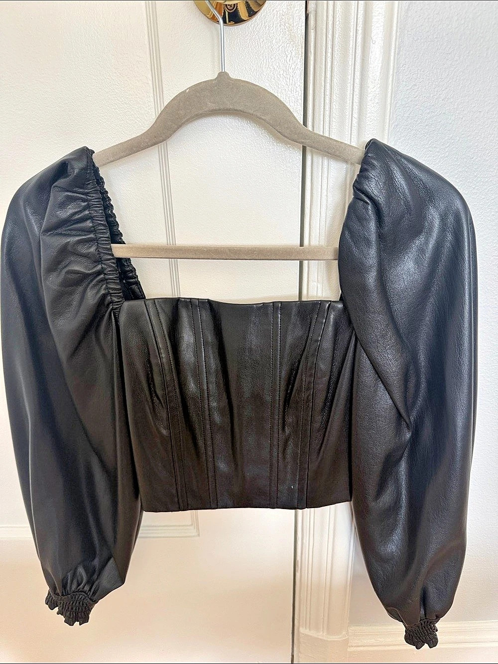 alice + olivia Bronte Faux Leather Puff Sleeve Crop Top Black